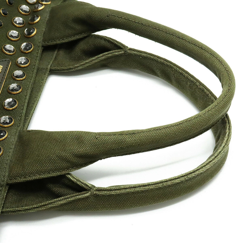 Prada Canapa Tote Bag Handbag Rhinestones Studs Canvas MILITARE Khaki Green - Picture 4 of 8